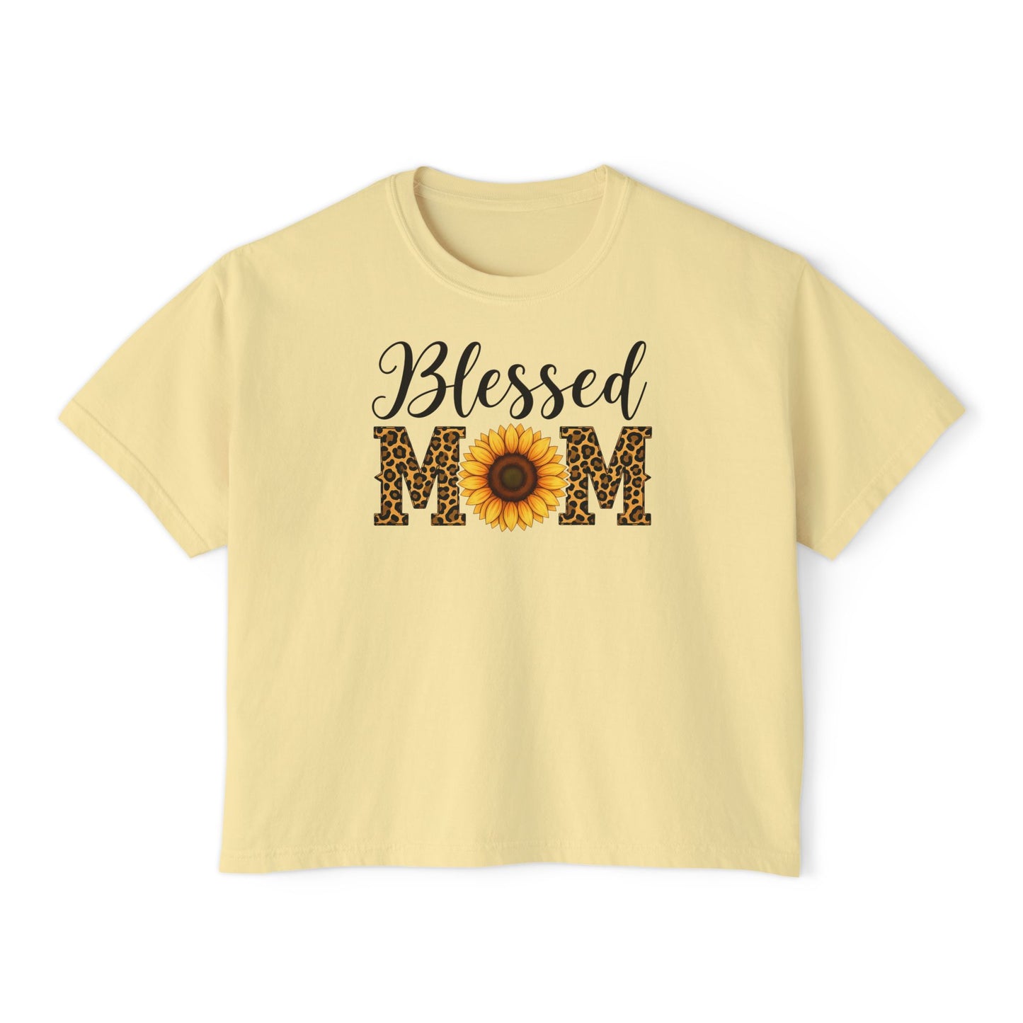 Blessed Mom Boxy Tee — Sunflower & Leopard Mother's Day Shirt