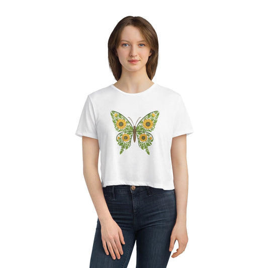 Sunflower Butterfly Cropped Tee — Floral Butterfly Graphic Top for Women