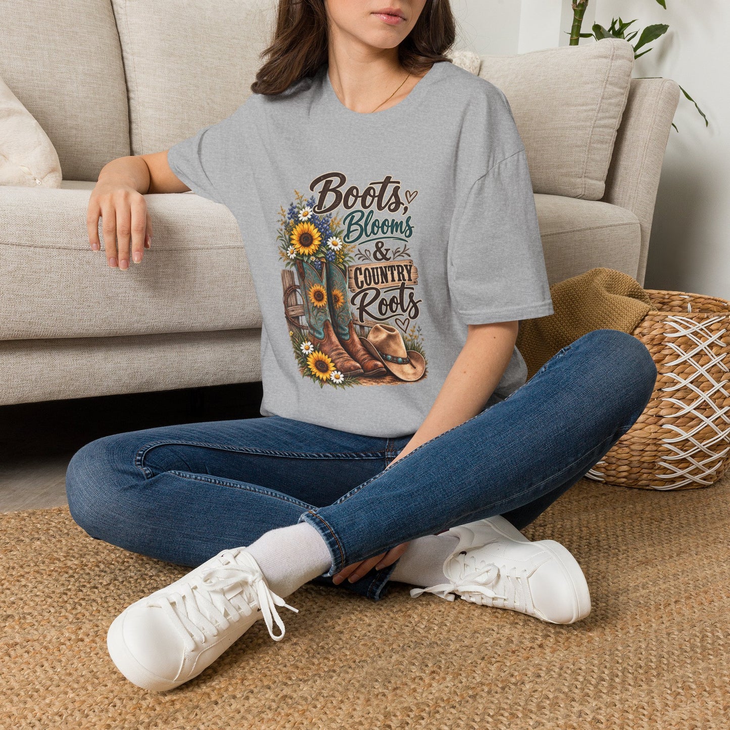 Boots, Blooms & Country Roots T-Shirt — Sunflower Cowboy Boot Graphic Tee