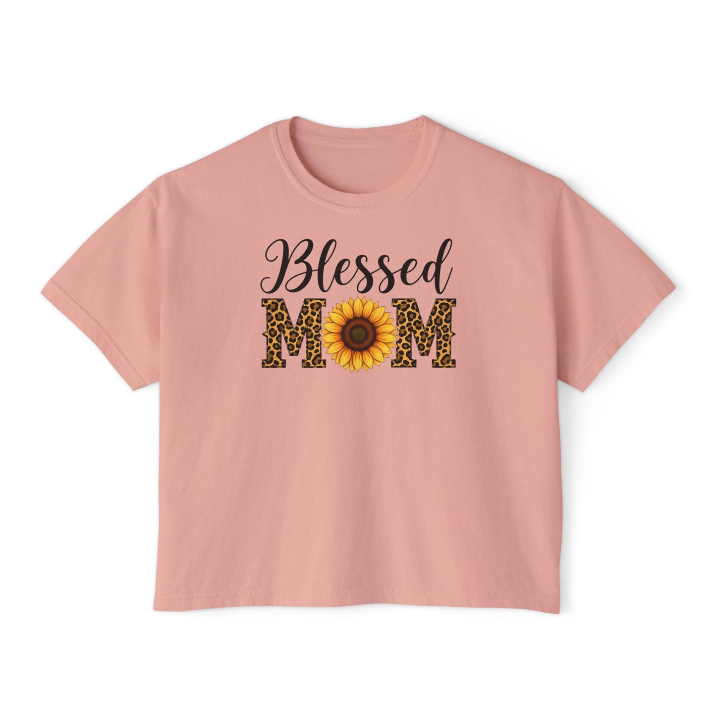 Blessed Mom Boxy Tee — Sunflower & Leopard Mother's Day Shirt