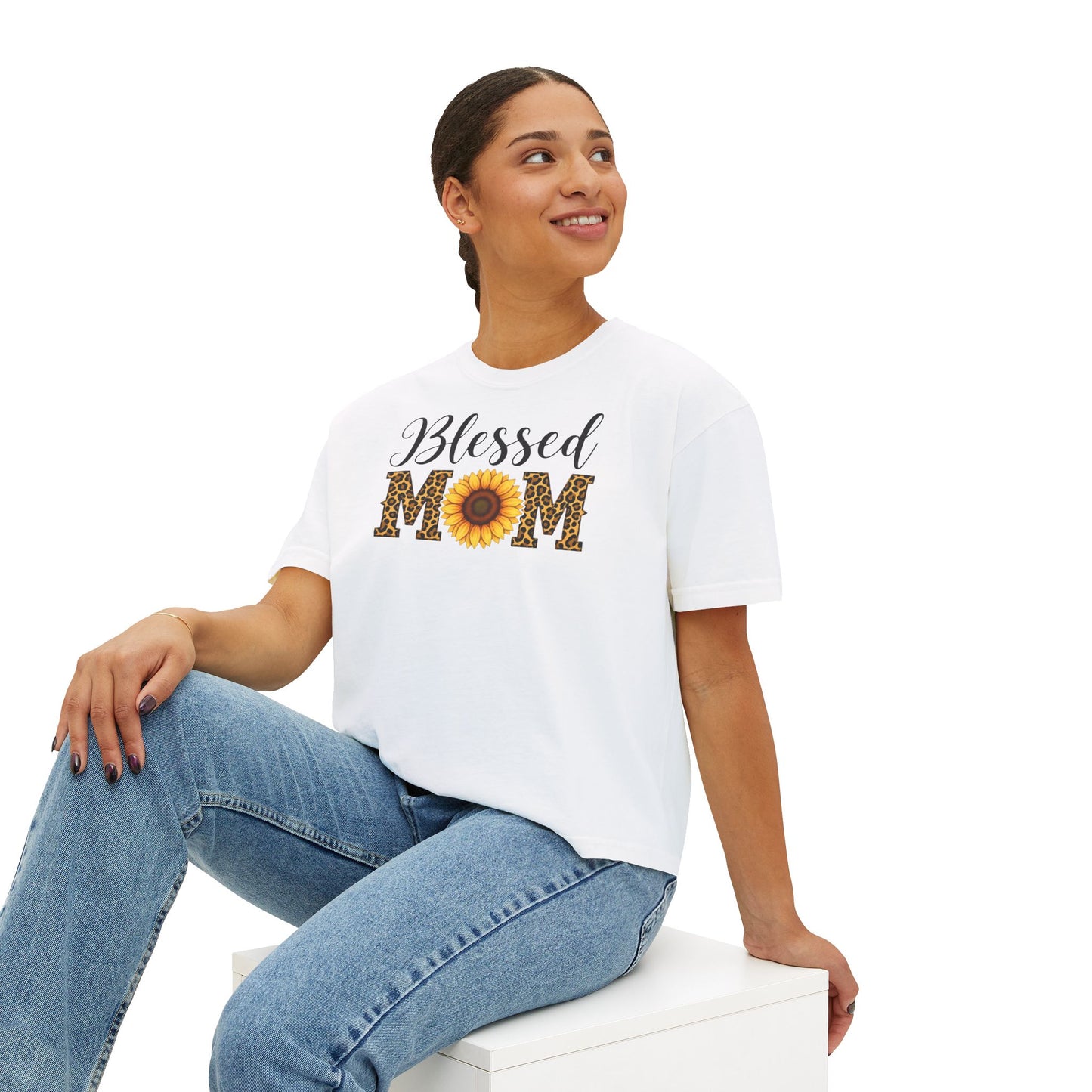 Blessed Mom Boxy Tee — Sunflower & Leopard Mother's Day Shirt