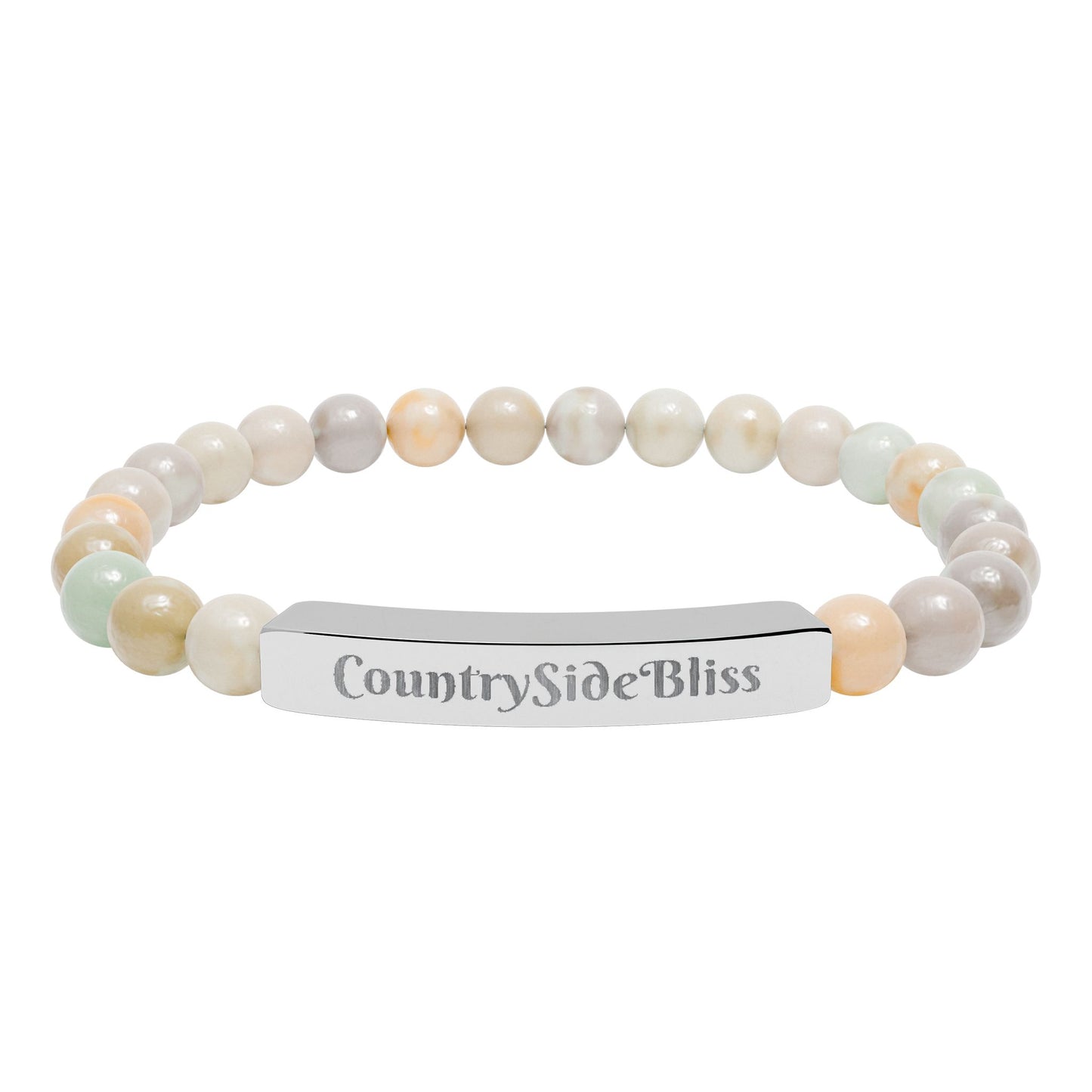Engravable Natural Stone Bead Bracelet — Personalized Bar Stretch Bracelet