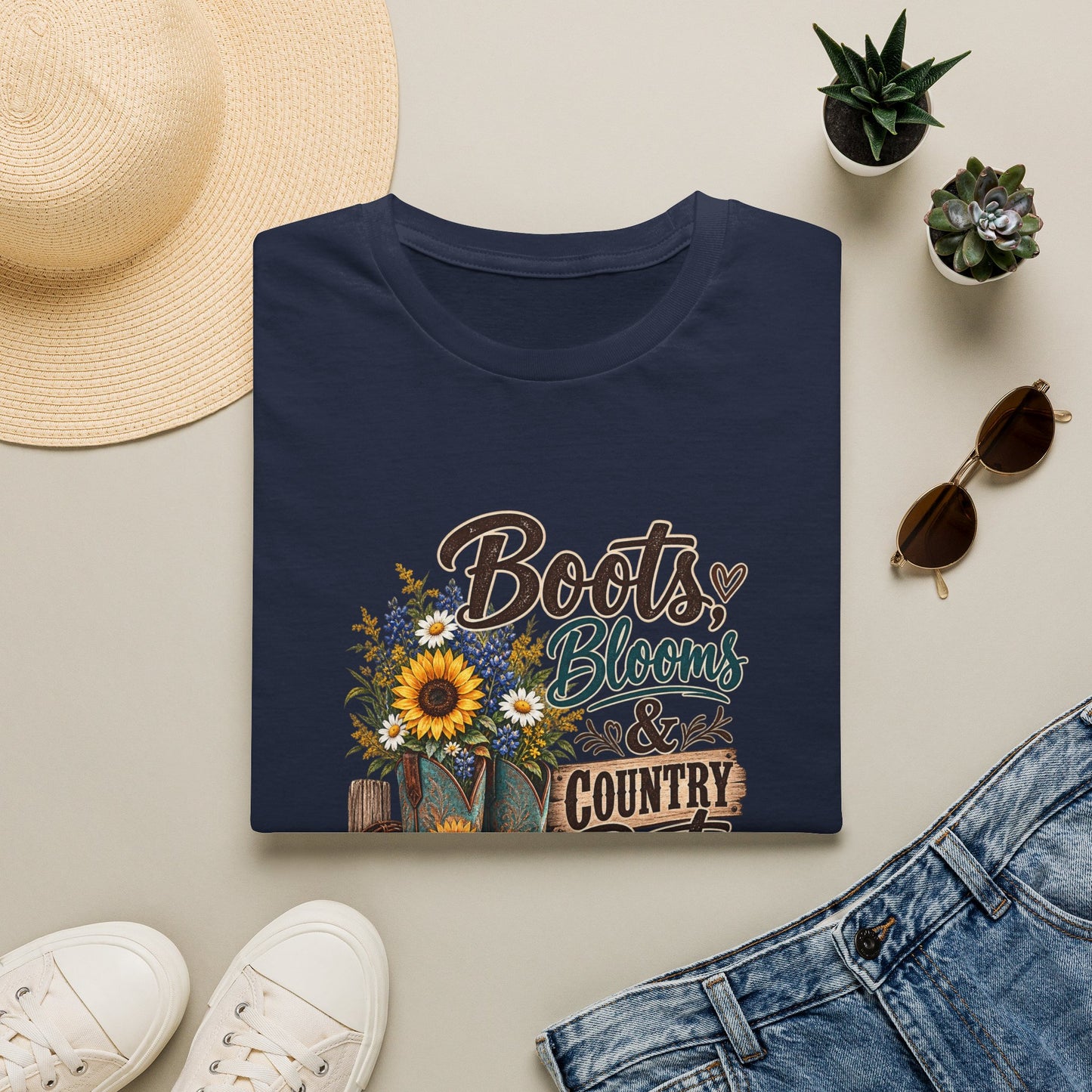 Boots, Blooms & Country Roots T-Shirt — Sunflower Cowboy Boot Graphic Tee