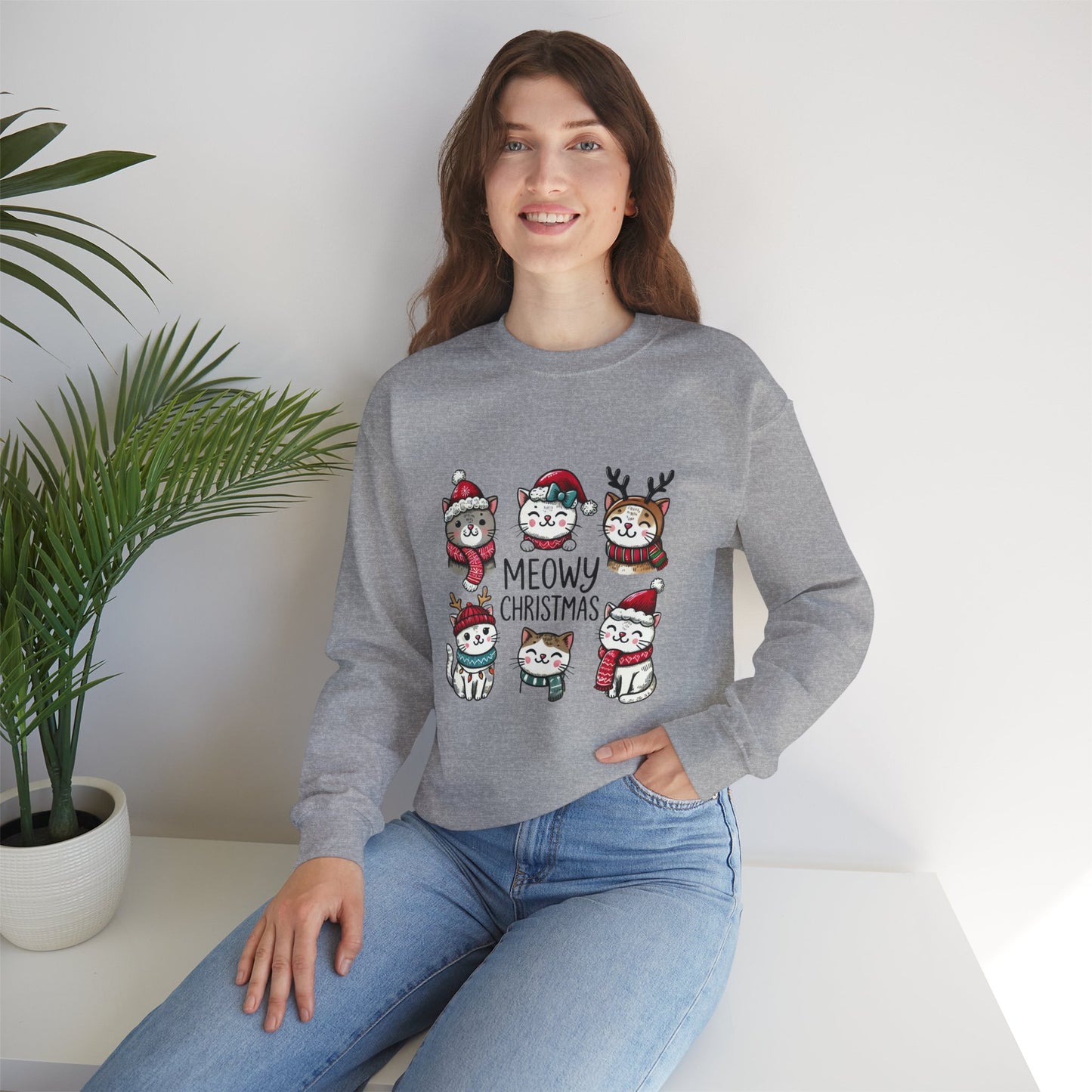 Holiday Sweatshirt — "Meowy Christmas" Cute Cat Crewneck for Cat Lovers