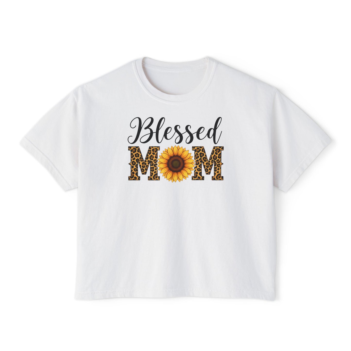 Blessed Mom Boxy Tee — Sunflower & Leopard Mother's Day Shirt