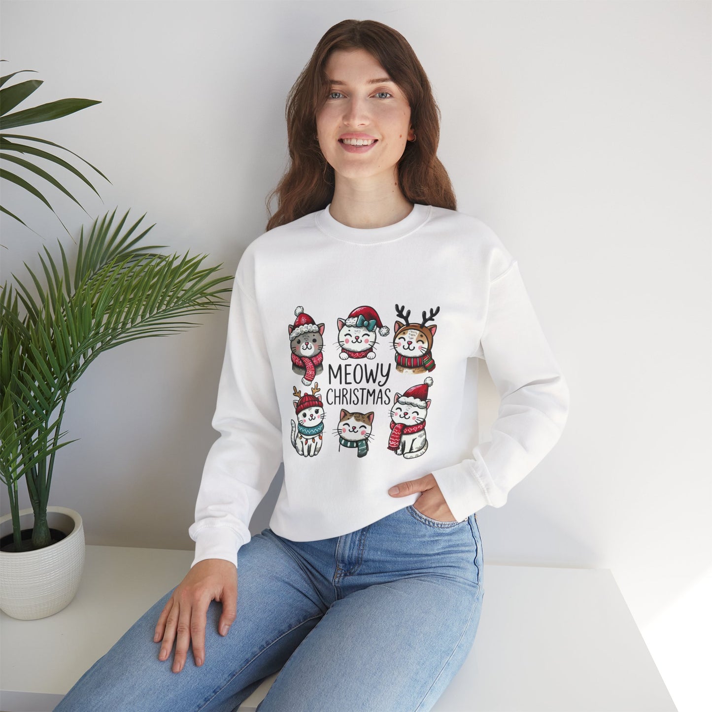 Holiday Sweatshirt — "Meowy Christmas" Cute Cat Crewneck for Cat Lovers