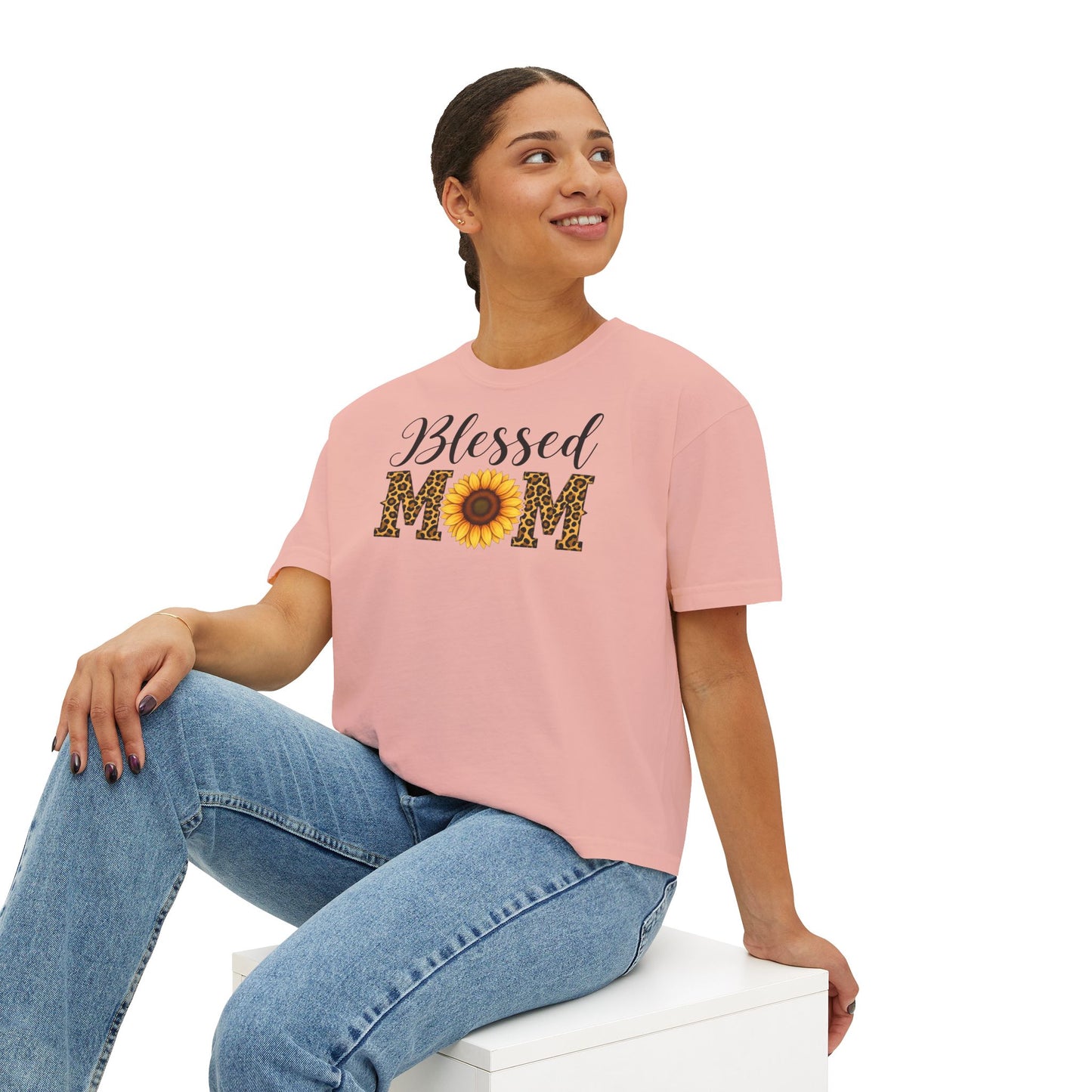 Blessed Mom Boxy Tee — Sunflower & Leopard Mother's Day Shirt