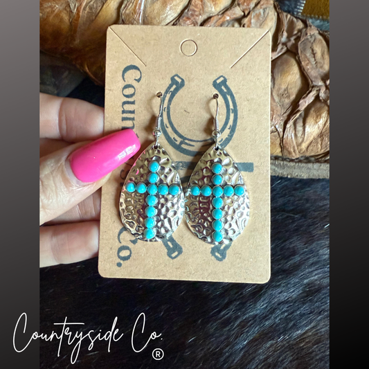 Hammered Silver Cross Dangle Earrings